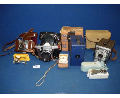 A small quantity of cameras and equipment to include; Zeiss Ikon, Praktica LTL with Carl Zeiss Jena DDR Lens, Ensign No. E.29