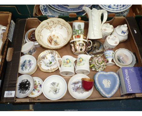 A quantity of china including; Wedgwood Jasperware, trinket dishes, Royal Crown Derby cup, Prattware lid, Royal Worcester tri