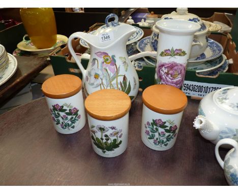 A large Portmeirion Botanic Garden ewer, 8" tall, plus three similar storage containers with pine lids, 4 1/2" tall and pasta