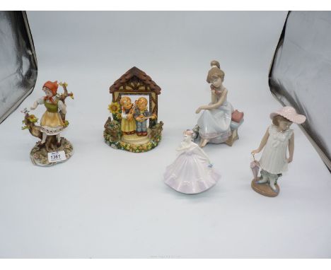 A quantity of figures to include Coalport 'Cassie', Capo di Monte girl and butterfly, Nao girl in summer dress with umbrella,