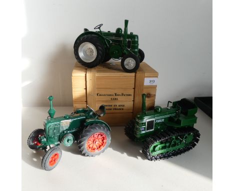 Three Collectable Toys Factory SARL 1:16 scale Tractors, comprising a green Field Marshall in wooden box, a green Marshall Fo