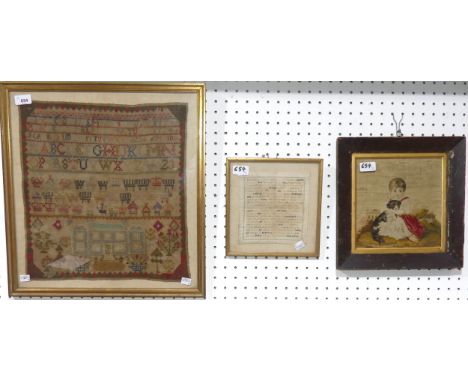 An early 19th century needlework Alphabet Sampler, worked in coloured threads with coronets, flora and a mansion, labelled ve