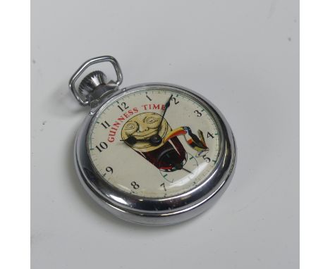 A vintage novelty Ingersoll / Smiths 'Guinness Time' Pocket Watch, with keyless crown wind and 'Toucan' automaton, chrome cas