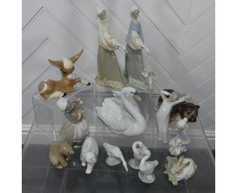 Lladro: Eight figurines including Swan model 8231, Polar Bear, Brown Bear, Shepherd By and three Geese, together with four Na