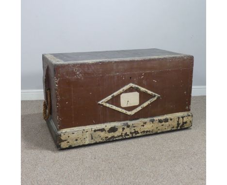 An early 20th century painted pine Trunk, with rope carrying handles to either side, W 104 cm x H 57 cm x D 58 cm.