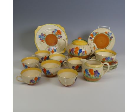 A Clarice Cliff 'Crocus' pattern Tea Set, including; teapot and stand,&nbsp;sugar bowl, creamer jug, six cups, six saucers, s