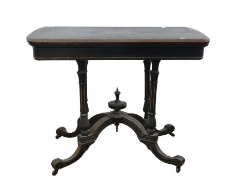 An Aesthetic movement ebonised and burr walnut card Table, with rounded ends and turnover top, raised on turned and fluted su