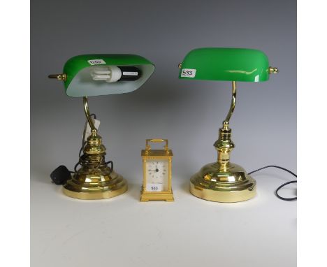 A pair of contemporary Lloytron banker's style table Lamps, with green glass swivel shades, H 37 cm, together with a&nbsp;lat