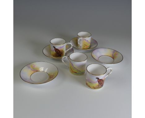 A set of four Royal Worcester Cups and Saucers, James Stinton Game Birds series, mark to reverse, H 5.5 cm.