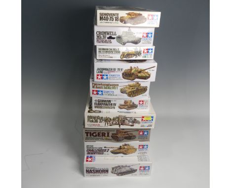 Ten Tamiya 1:35 Scale Plastic Military Models, including No.335 German Self-Propelled Heavy Anti-Tank Gun Nashorn, No.274 Bri