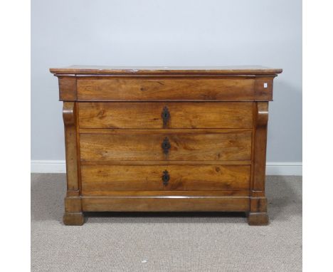 A French 19th century Louis Philippe style mahogany Commode, with four long drawers flanked by scrolled sides, W 129 cm x H 9