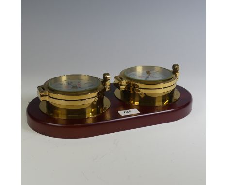 A Sewills of Liverpool brass cased Marine / Ship's Clock and Barometer, both mounted on a single mahogany plinth, W 34 cm x D