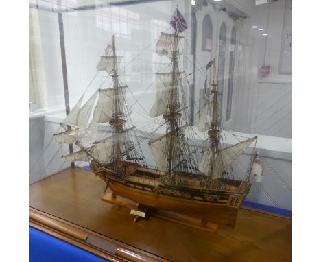 HMS Unicorn:&nbsp;a very large contemporary scale model of a British three masted Man O'War, in large fitted glazed display c