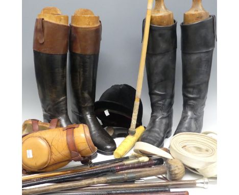 A pair of vintage leather riding Boots with treen boot trees, together with another pair of riding Boots, a J. Salter &amp; S