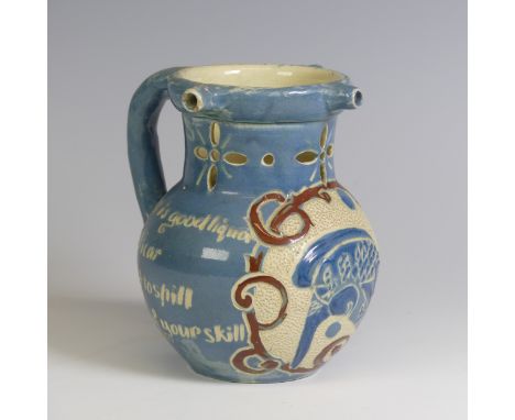 A C. H. Brannam Barum pottery puzzle Jug, decorated with fish and motto, inscribed marks to base 'C. H. Brannam Barum 1898', 