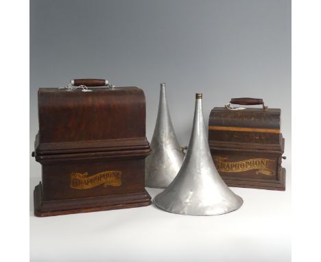 An early 20th century ‘The Graphophone’, Columbia Phonograph, with original oak case and white metal horn,&nbsp;case in poor 