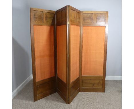 A 20th century Chinese hardwood four-fold Screen, W 204 cm x H 165 cm, together with a painted wall mirror W 49.5 cm x H 145 