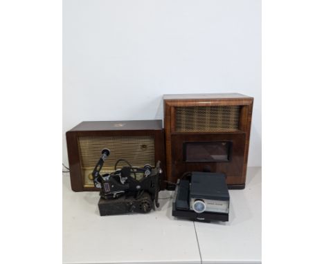 Two vintage wooden cased Radios, His Masters Voice Model no. 1251, the other Marconi, together with two vintage projectors (4