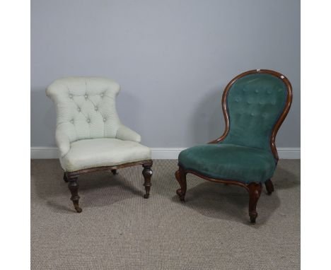 A Victorian carved walnut upholstered button-back Nursing Chair, W 58 cm x H 91 cm x D 74 cm, together with another similar, 