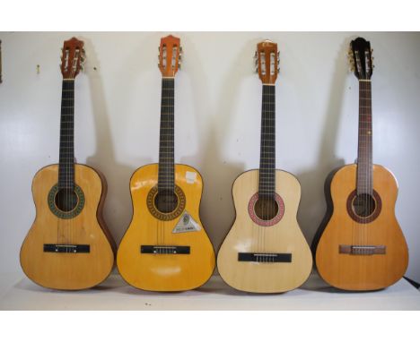 **Collection of Four Intricately Designed Acoustic Guitars Featuring Behringer, Castille, Eleca, and Herald Brands**  This co