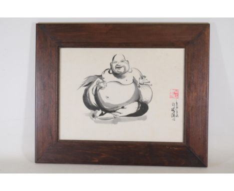 Framed Chinese Watercolor Painting Depicting Budai, 2000  This framed Chinese watercolor painting, dated 2000, vividly portra