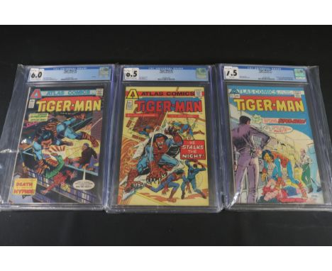 Set of Three Atlas Comics "Tiger-Man" Issues, CGC Graded  This collection features three individually CGC graded "Tiger-Man" 