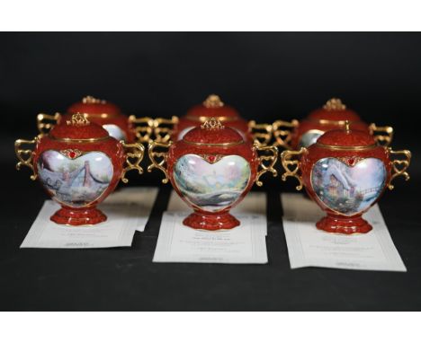 Set of Six Ornate Red Ceramic Containers with Lids, "Sweetheart Cottage" series by Ardleigh-Elliott, featuring Thomas Kinkade