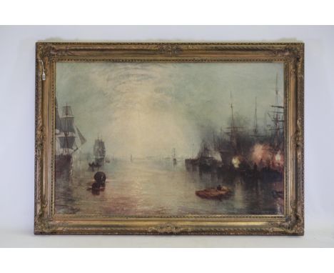 **Maritime Scene by J. M. W. Turner, "The Keelmen Heaving Coals by Moonlight", with Ornate Gilt Frame**  Reproduction.  This 
