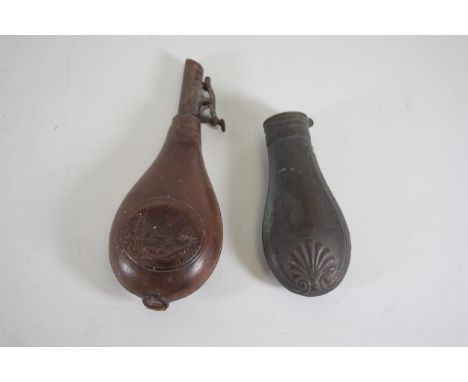 **Pair of Antique Gunpowder Horn Flasks: Leather by Dixon &amp; Sons and Metal by Sykes**  This distinguished pair of antique