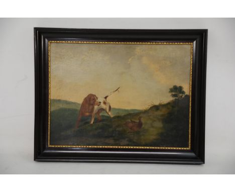 18th/19th Century Oil Painting of Landscape with Dog and Grouse  This exquisite oil painting, measuring 15.5 x 11.5 inches, c