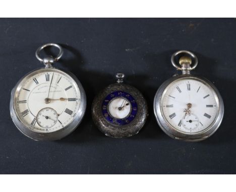 **Collection of Three Silver Pocket Watches, Including an Ornate Centre Watch with Blue Accents and Unique Hallmarks**  This 