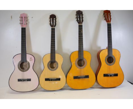 **Set of Four Classical Acoustic Guitars in Various Finishes Including Lucida and Play On Models**  This set features four cl