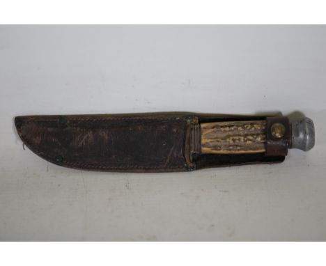 Antler-Handled Hunting Knife with Leather Scabbard, Stamped "Foreign" and Labelled "Made in England"  This distinguished hunt