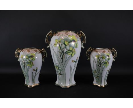 Collection of 3 Matching Art Nouveau Porcelain Vases, Reinhold Schlegelmilch Design, Largest Vase 12.5" Tall.   A set of thre
