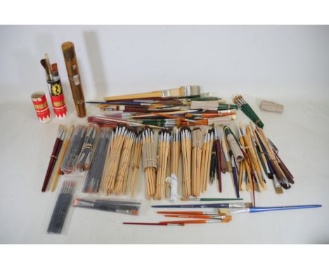 Collection of Artist Brushes with Wooden Handles and Metal Ferrules  This impressive collection of artist brushes includes a 