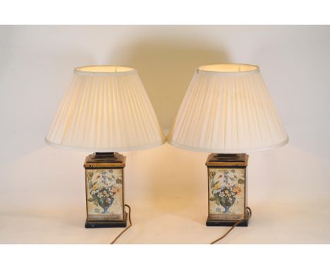 Pair of Floral Print Lamp Bases and White Handmade Shades  A pair of lamp bases, the bodies decorated with floral prints, the