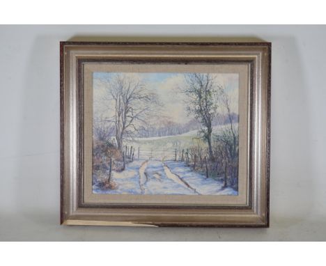 **Framed Winter Landscape Painting by Mervyn Goode**This painting by Mervyn Goode, titled "Snow in the Track Beside Adams Woo