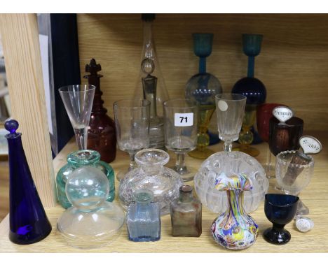 A group of coloured and clear glass, a rare Nailsea type flask with lampwork AB1824 tallest 33cm