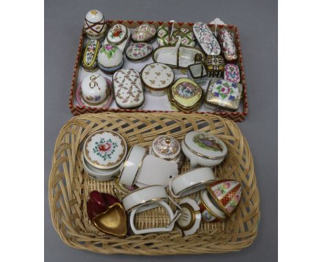 A collection of Limoges and other porcelain trinket boxes and sundry miniature ceramics, the boxes to include a hat-shaped ex