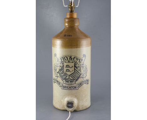 A large stoneware crock by R. Fry & Co, Hastings, Brighton, Eastbourne, altered into a lamp height 48cm