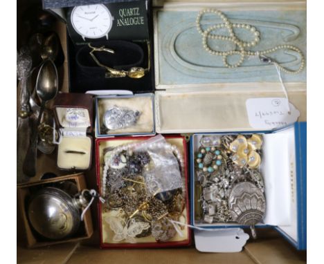 A quantity of silver and costume jewellery and a pair-cased watch (a.f.), jewellery to include charm bracelets, a cultured pe