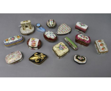 A Limoges 'Arc de Triomphe' porcelain trinket box and fourteen other gilt metal-mounted hinged boxes, mainly Limoges, includi