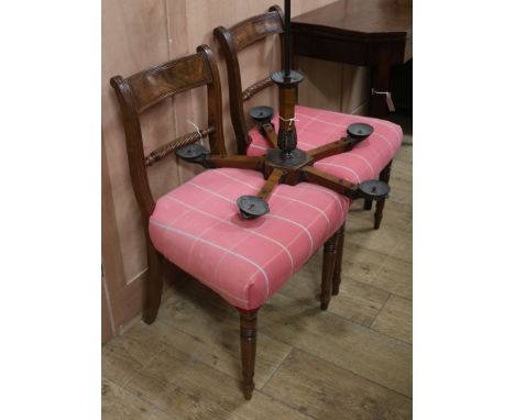 A pair of mahogany chairs, a mahogany card table and a five branch ceiling light table W.92cm light W.65cm