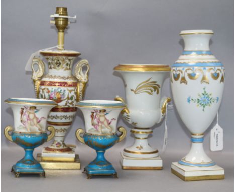 A Limoges Empire-style porcelain table lamp and four other items, the lamp of urn form with stylised swan handles, on square 