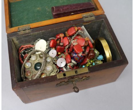 A tea caddy containing mixed costume jewellery and a amber cigar holder etc