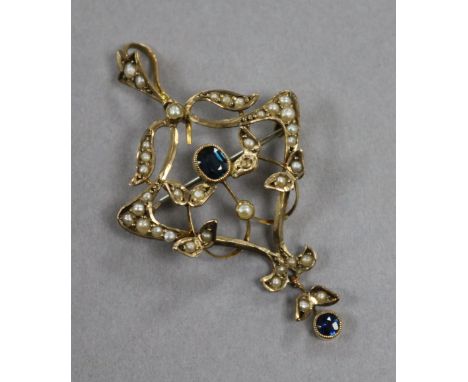 A George V 9ct gold sapphire and seed pearl pendant brooch 5cm