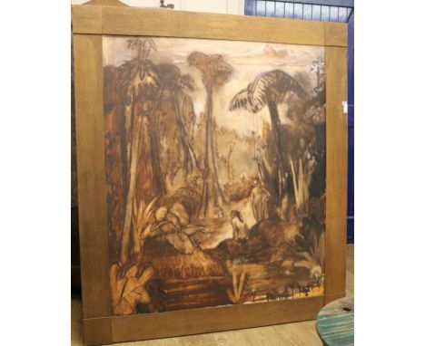 Martin Constable (b. 1961), jungle scene with two figures, circa 1987, oil on canvas, in deep stained wood frame, 158 x 135cm