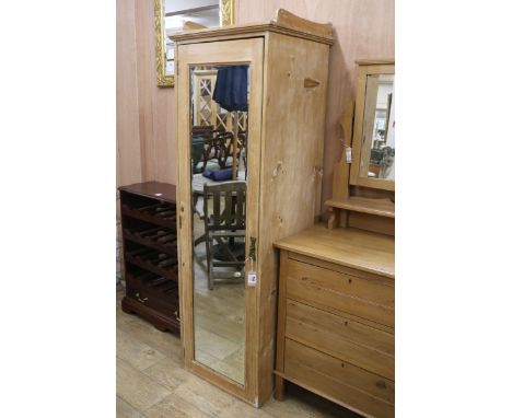 A pine single wardrobe with mirrored door and pine chest with dressing mirror W.56cm and W.74cm