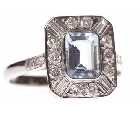 AQUAMARINE AND DIAMOND RINGwith a central step cut aquamarine 6.8x4.7mm and set with baguette cut diamonds to each corner int