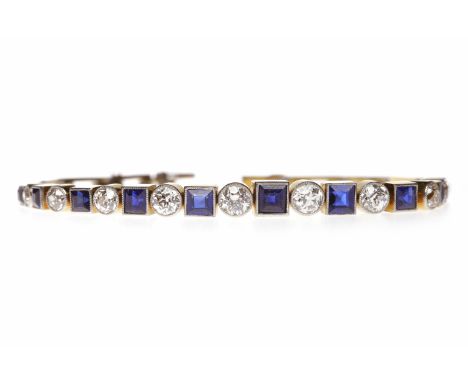 ART DECO SAPPHIRE AND DIAMOND BRACELETset with graduated square step cut sapphires, the largest 4mm, the smallest 2.6mm and a